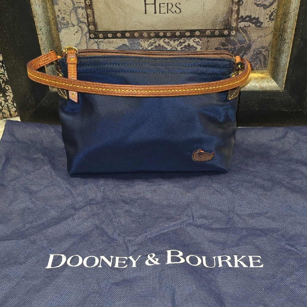 Dooney & Bourke Navy Nylon Wristlet with Brown Leather Trim